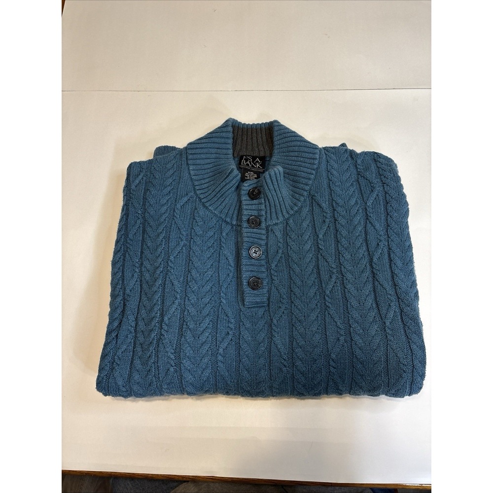 Jos A Bank Sweater Mens‎ 2XL Teal Blue Cable Knit Mock Neck 1/4 Button